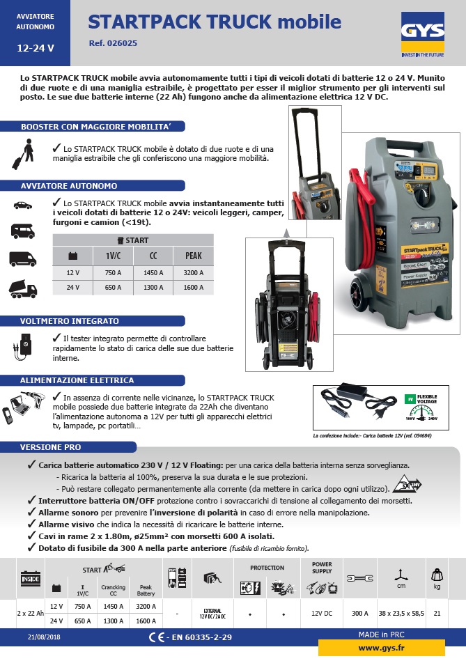 BOOSTER AVVIATORE D'EMERGENZA GYS modello STARTPACK TRUCK MOBILE 12/24V  PROFESSIONALE