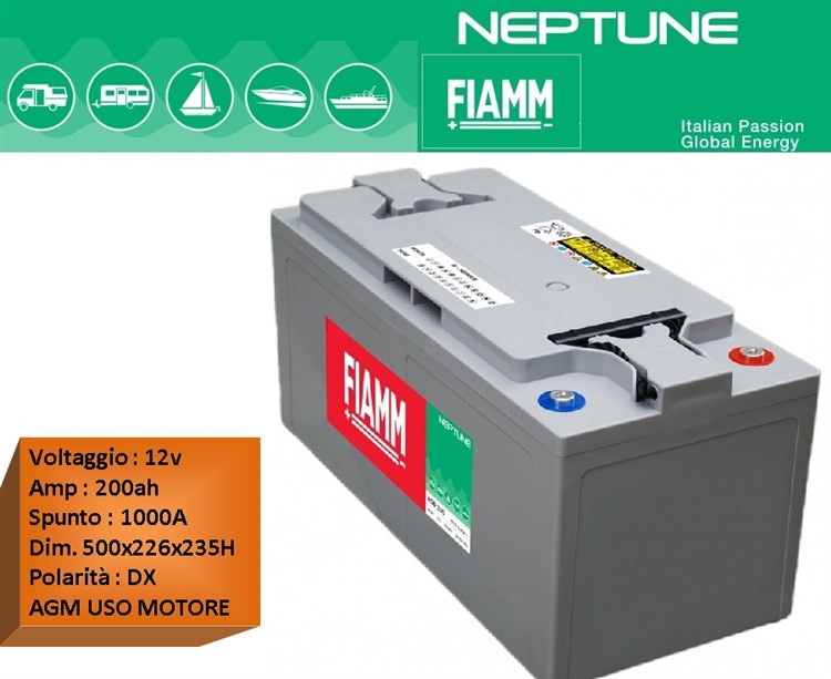 GAMMA BATTERIE NAUTICA AVVIAMENTO MOTORE Batteria FIAMM NEPTUNE ASB200 12V 200AH AGM