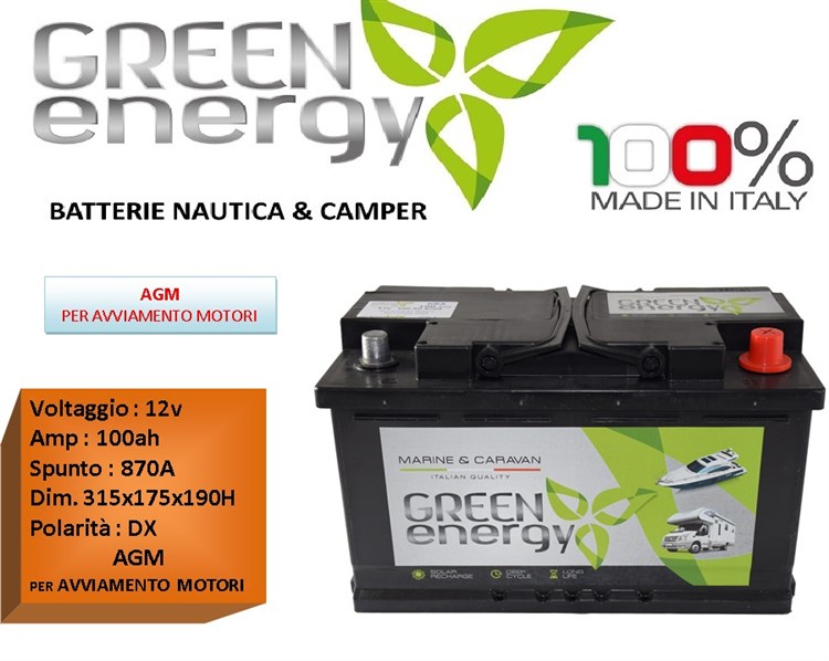 GAMMA BATTERIE NAUTICA AVVIAMENTO MOTORE : BATTERIA GREEN ENERGY modello  GRA100 12V 100AH 870A Tecnologia AGM per Avviamento motore